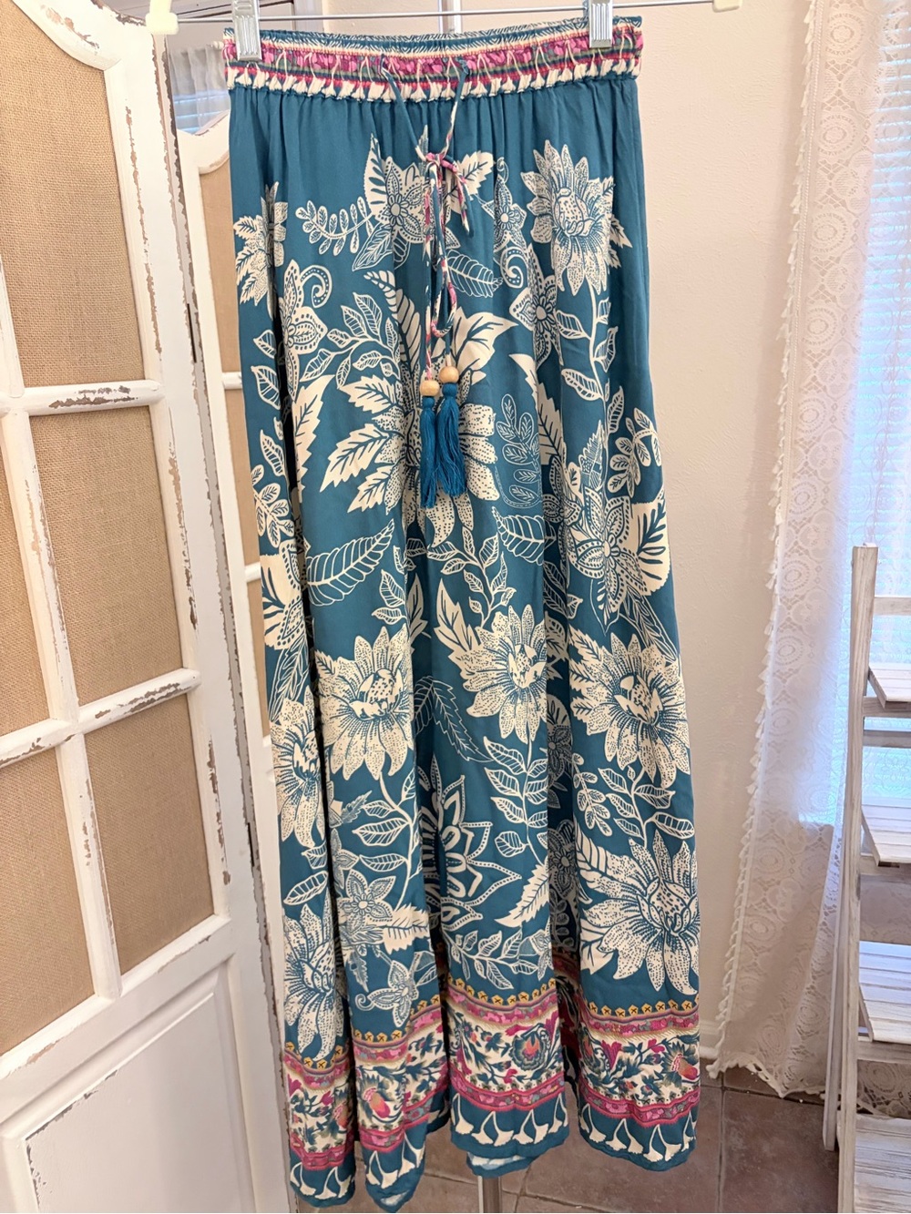 Natural Life Teal Floral Boho Maxi Skirt Tassel Drawstring XS